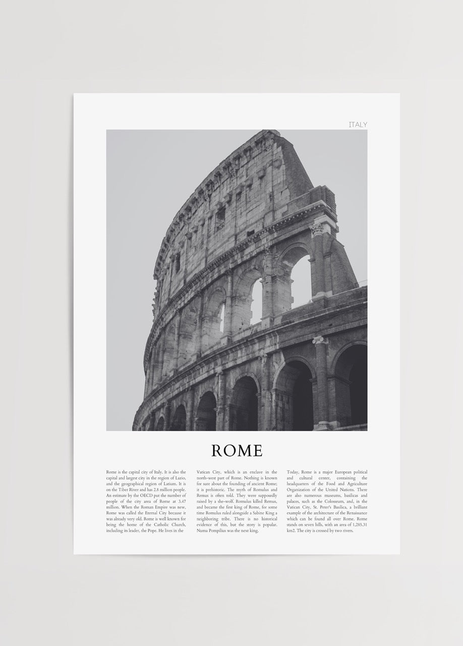 Black and white print of the Colosseum in Rome, showcasing its architectural beauty.
