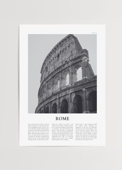 Black and white print of the Colosseum in Rome, showcasing its architectural beauty.