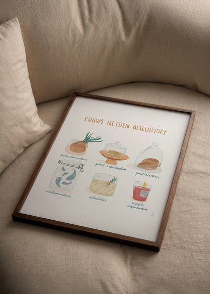Whimsical illustration depicting various food items nourishing the soul.