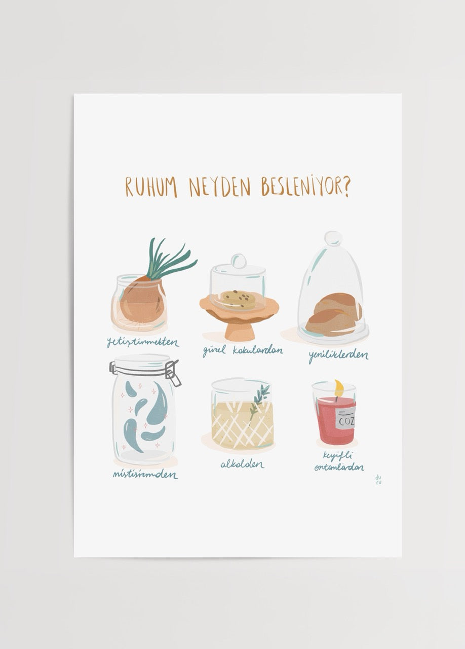 Whimsical illustration depicting various food items nourishing the soul.