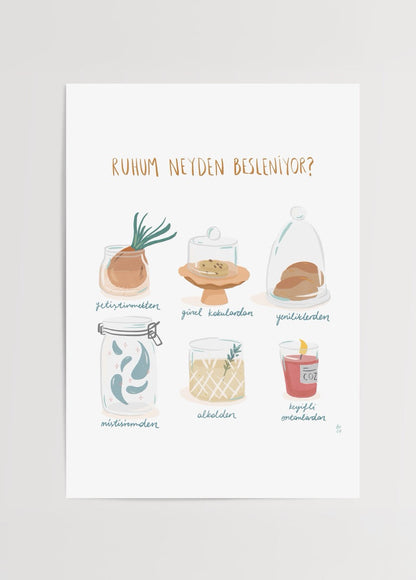 Whimsical illustration depicting various food items nourishing the soul.