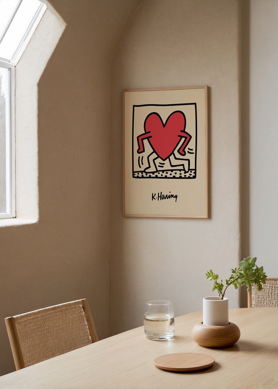 Energetic heart-themed art print in vibrant red on beige background.