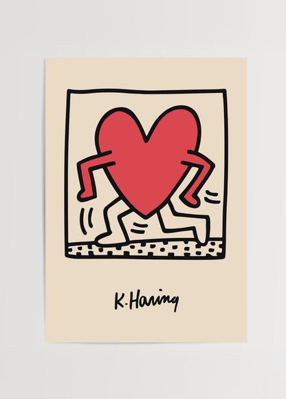 Energetic heart-themed art print in vibrant red on beige background.