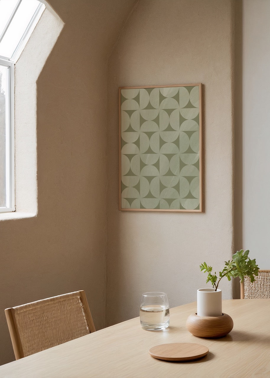 Sage Geometry – Minimalist Desen Poster featuring soft green geometric shapes.