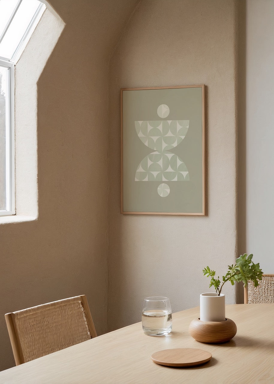 Minimalist sage green geometric wall art featuring abstract shapes.
