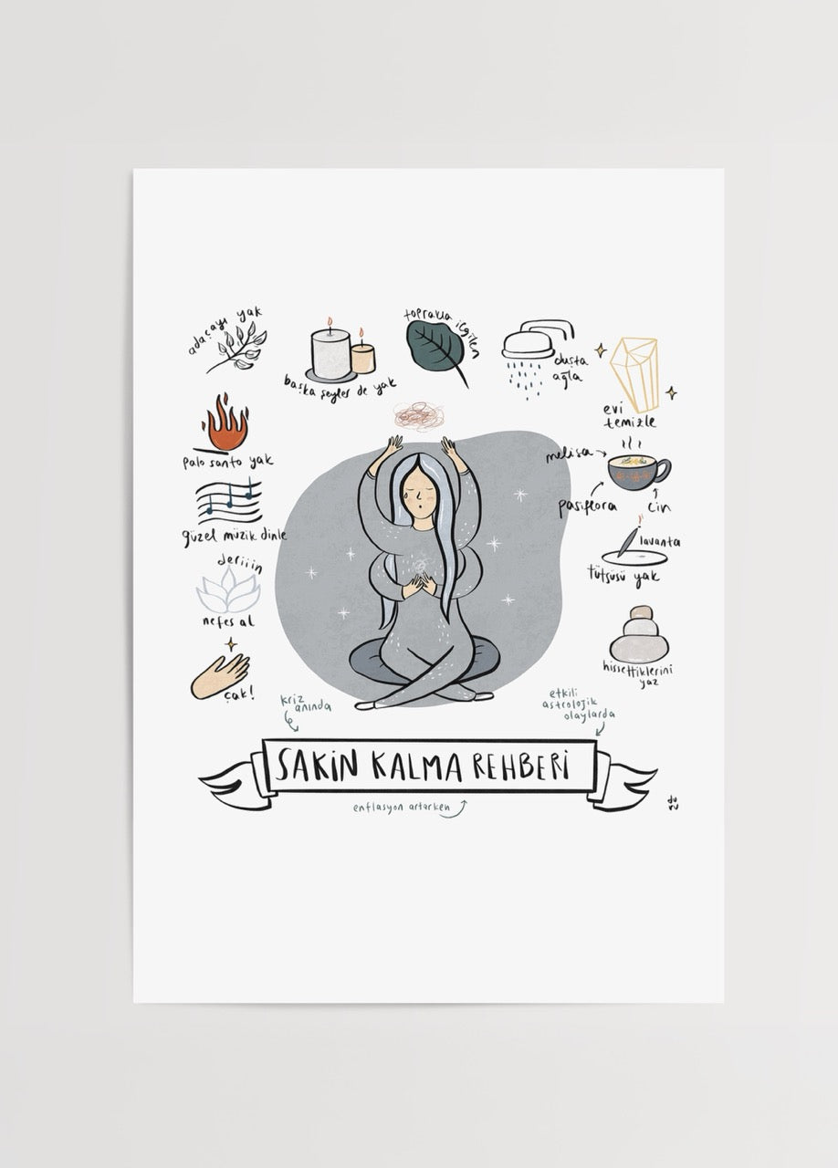 Whimsical poster print illustrating a calming guide with playful designs.