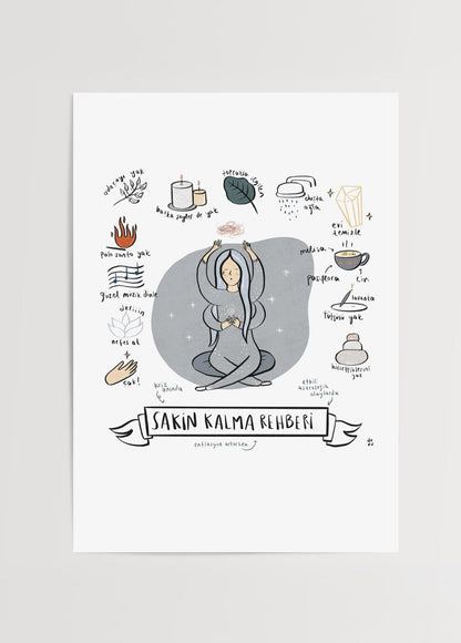 Whimsical poster print illustrating a calming guide with playful designs.