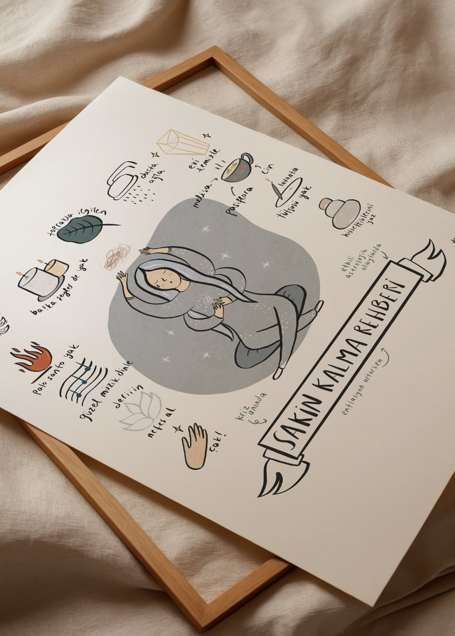 Whimsical poster print illustrating a calming guide with playful designs.