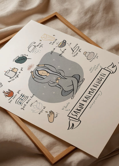 Whimsical poster print illustrating a calming guide with playful designs.