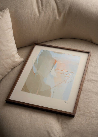 Abstract artwork representing the connection of salt, sea, and earth in soft hues.