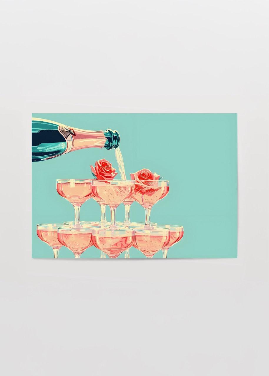 Stylish wall art featuring a champagne tower with rose accents.