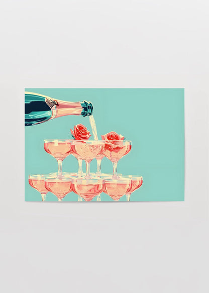 Stylish wall art featuring a champagne tower with rose accents.