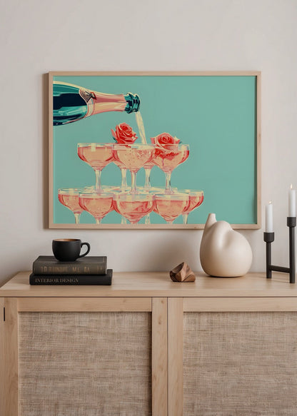 Stylish wall art featuring a champagne tower with rose accents.