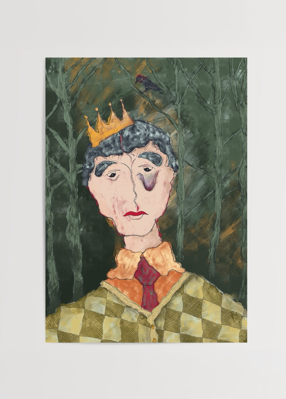 A unique poster artwork featuring a crowned figure in a forest setting.