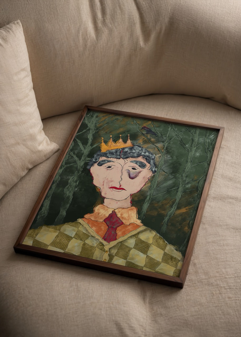 A unique poster artwork featuring a crowned figure in a forest setting.