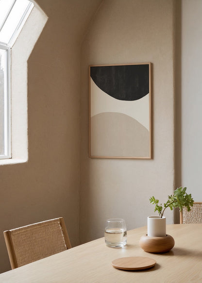 Minimalist abstract poster with beige, black, and white curved shapes.