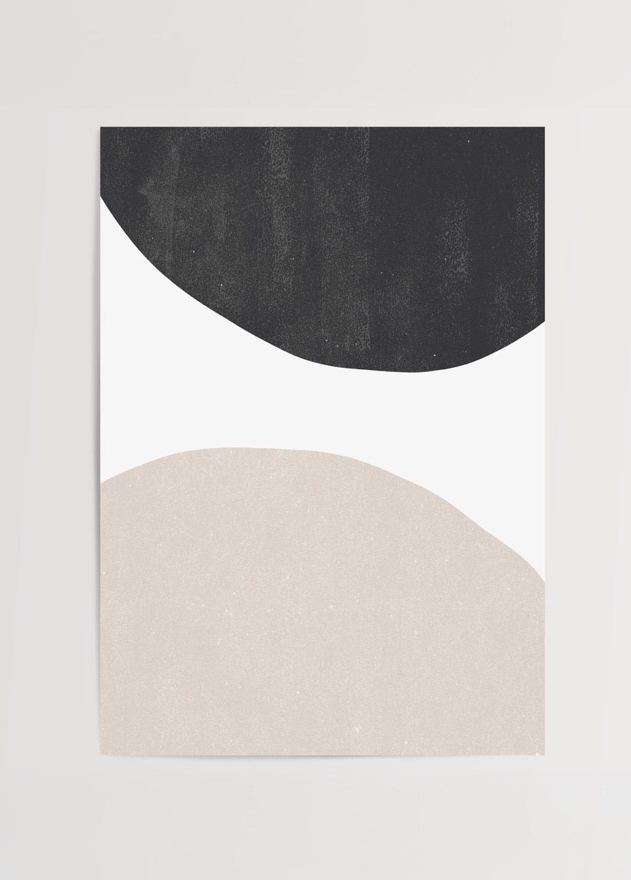 Minimalist abstract poster with beige, black, and white curved shapes.