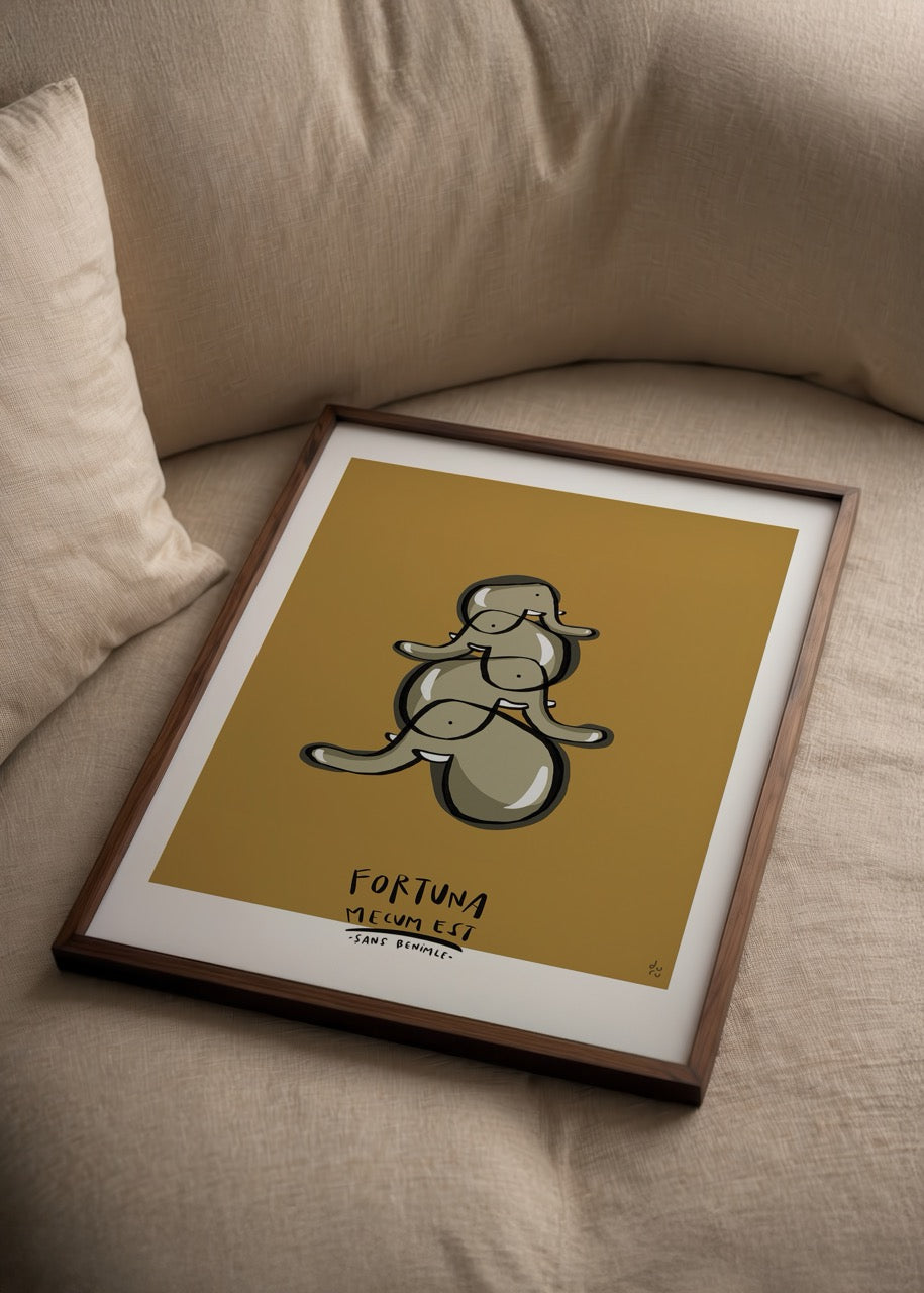Whimsical poster print depicting playful characters in earthy tones.