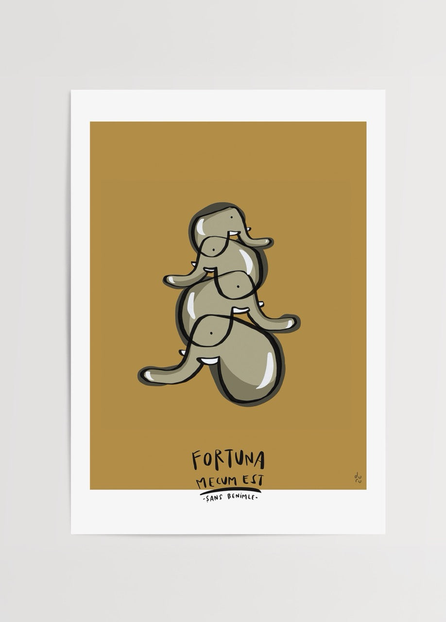 Whimsical poster print depicting playful characters in earthy tones.