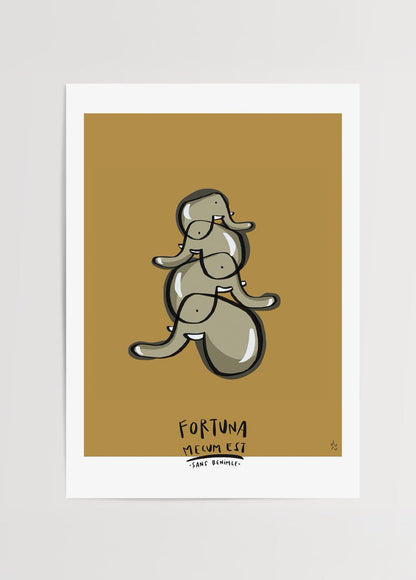 Whimsical poster print depicting playful characters in earthy tones.