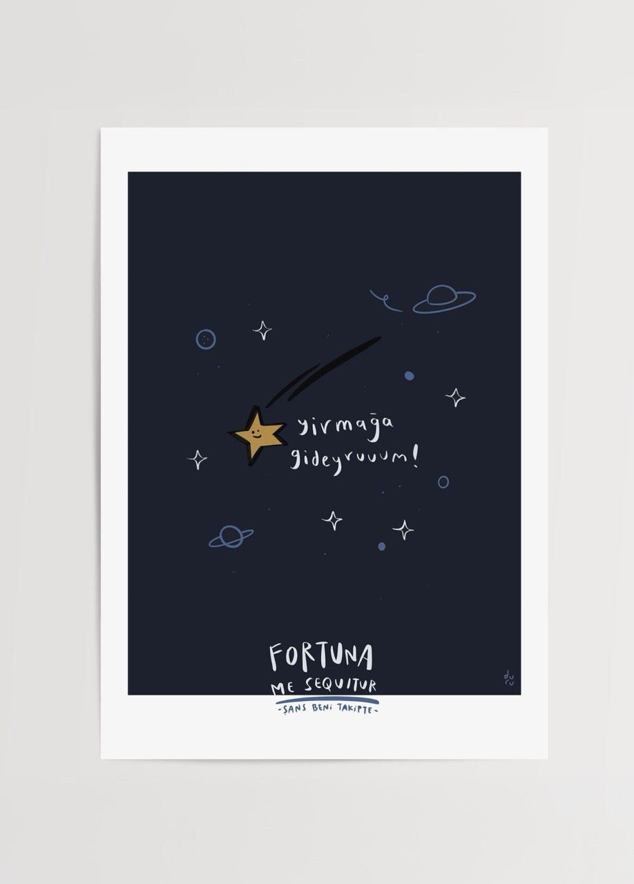 Whimsical poster print featuring a star and playful text on a dark blue background.
