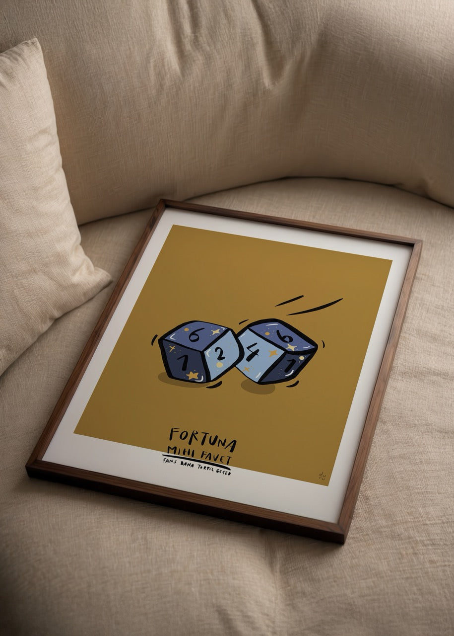 Whimsical poster print featuring colourful dice on a golden background.