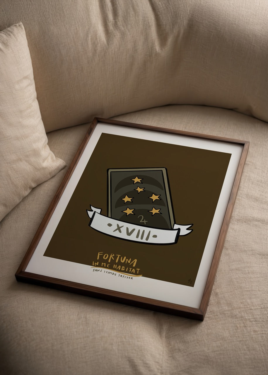 Illustrated poster featuring a luck-themed totem card with stars and a banner.