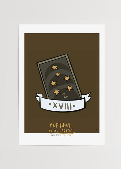 Illustrated poster featuring a luck-themed totem card with stars and a banner.