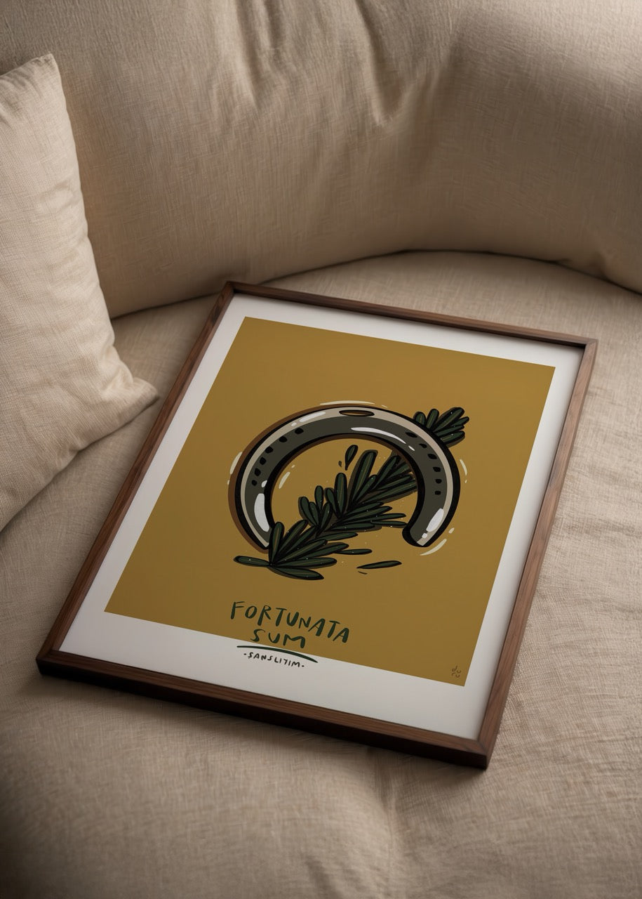 Luck-themed illustration poster featuring a horseshoe and greenery.