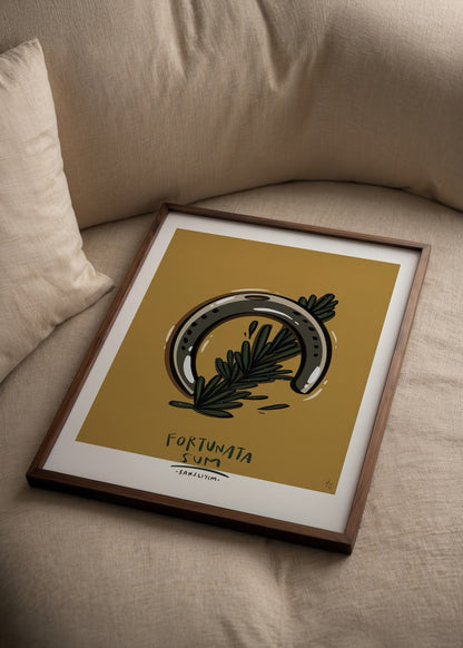 Luck-themed illustration poster featuring a horseshoe and greenery.