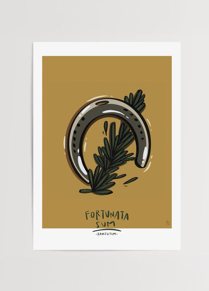 Luck-themed illustration poster featuring a horseshoe and greenery.