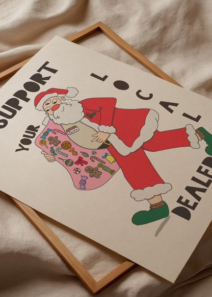 A vibrant Santa illustration promoting local support, perfect for festive wall art.