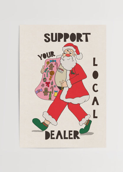 A vibrant Santa illustration promoting local support, perfect for festive wall art.