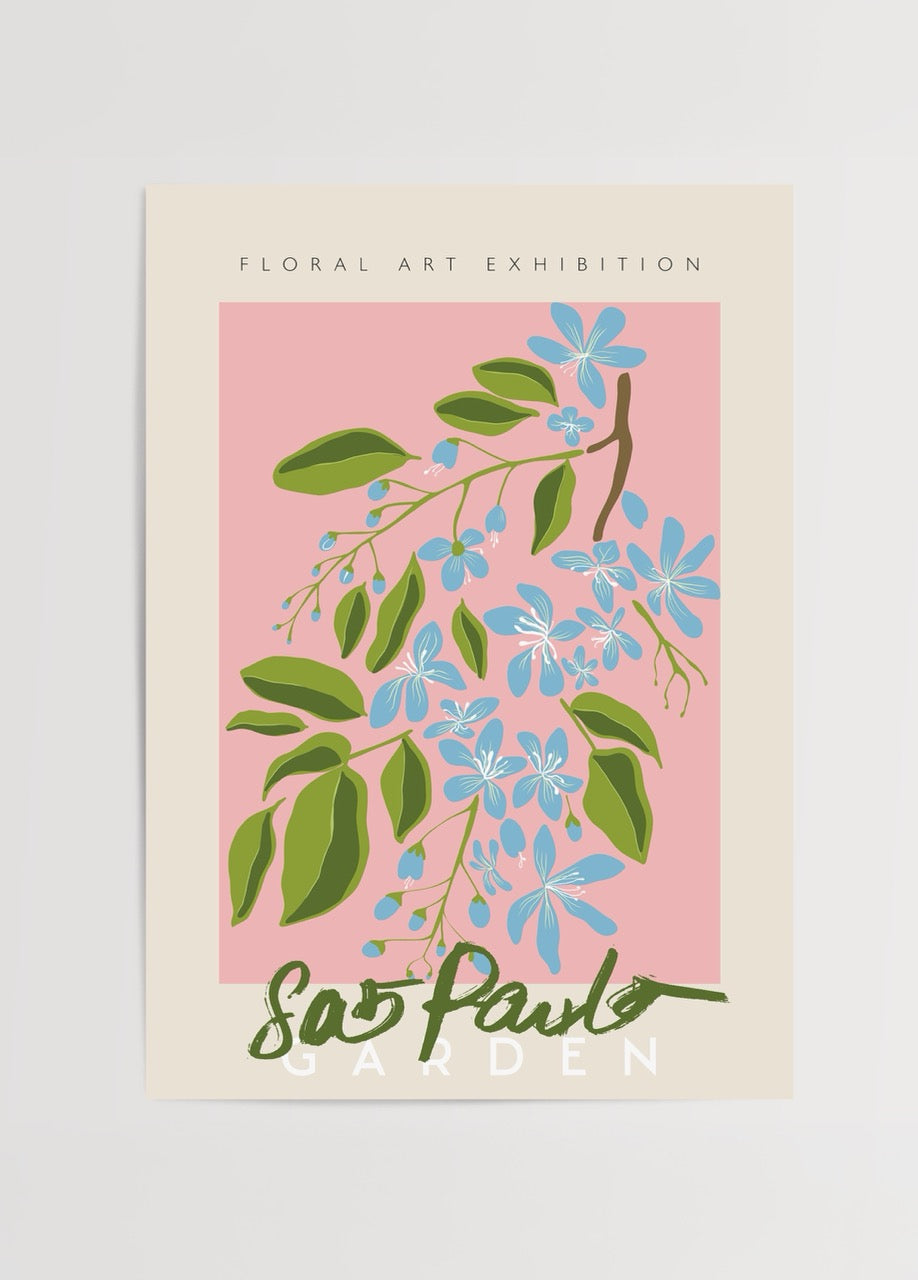Blooming floral illustration with blue flowers and pink background, inspired by São Paulo.