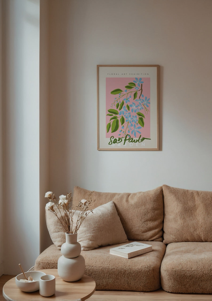 Blooming floral illustration with blue flowers and pink background, inspired by São Paulo.