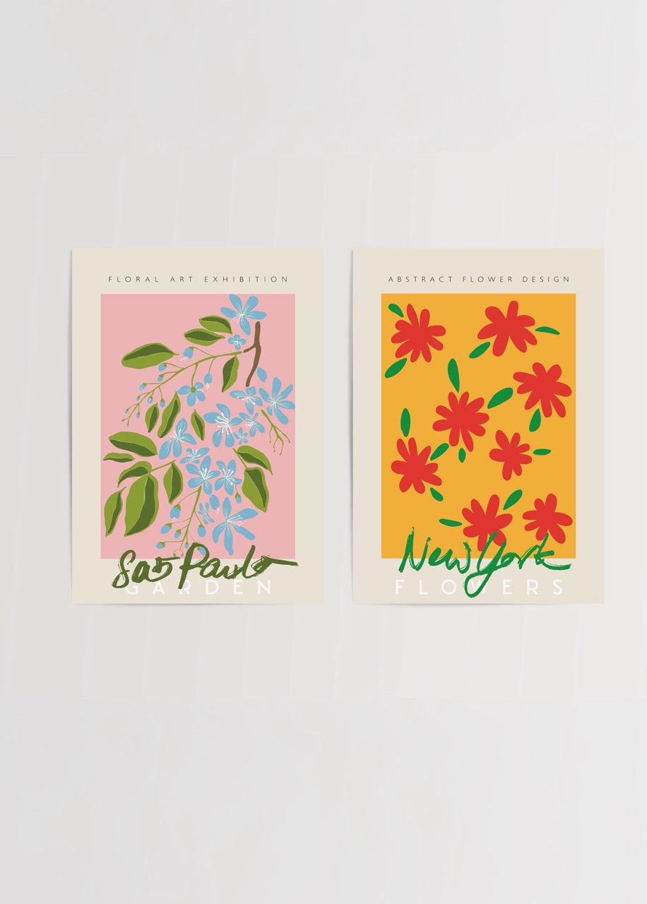 A vibrant poster set featuring floral designs from São Paulo and New York, perfect for wall art decor.
