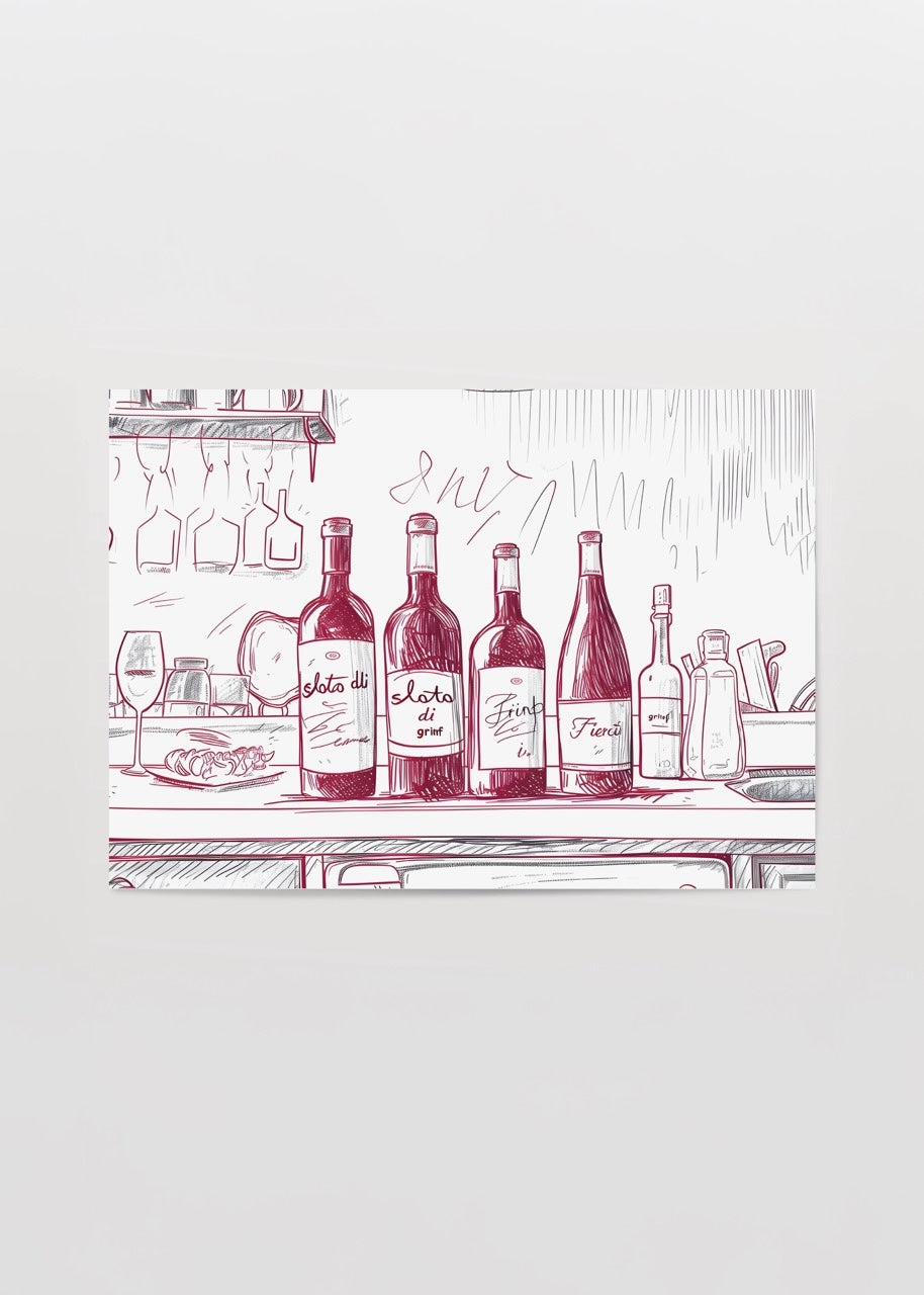 Charming sketch print of wine bottles on a bar counter.