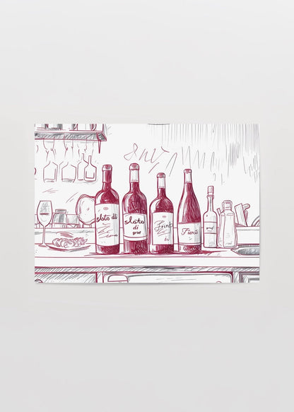 Charming sketch print of wine bottles on a bar counter.