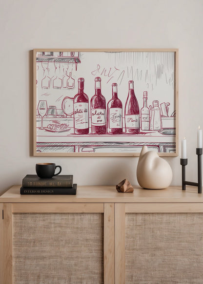 Charming sketch print of wine bottles on a bar counter.