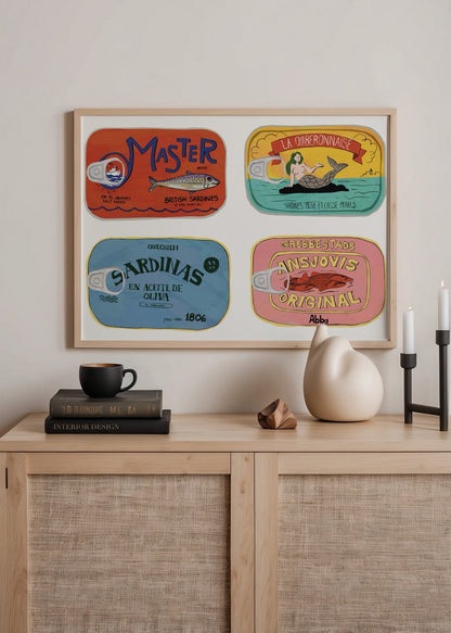 Vibrant illustration of vintage canned sardine labels for wall art.