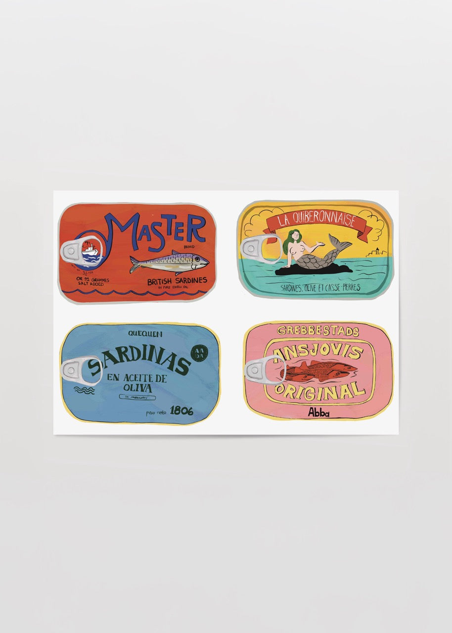 Vibrant illustration of vintage canned sardine labels for wall art.
