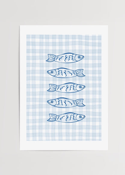 Artwork featuring sardines on a blue gingham background.