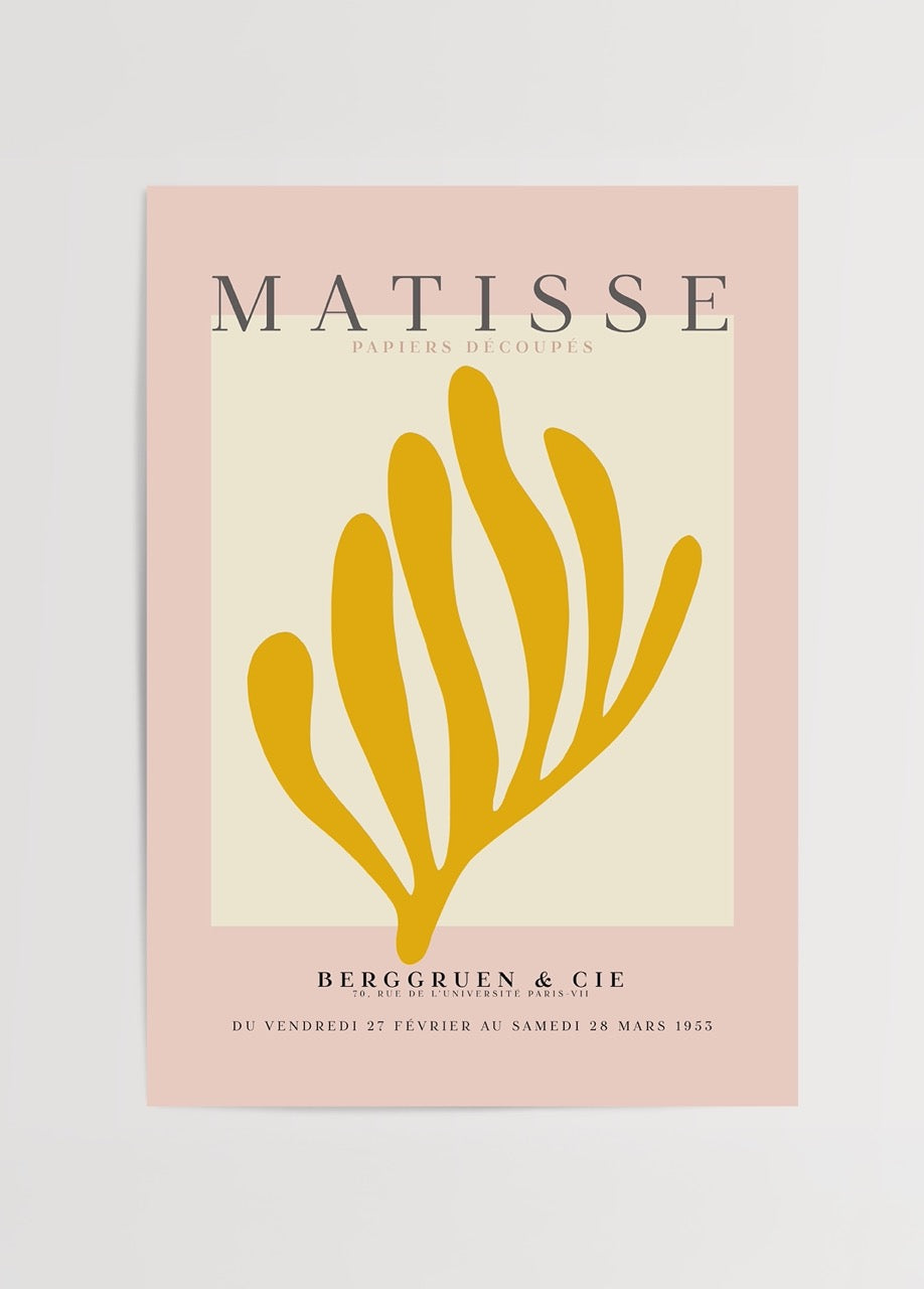 Golden Gestures art print featuring bold shapes on a pink background, ideal for modern interiors.