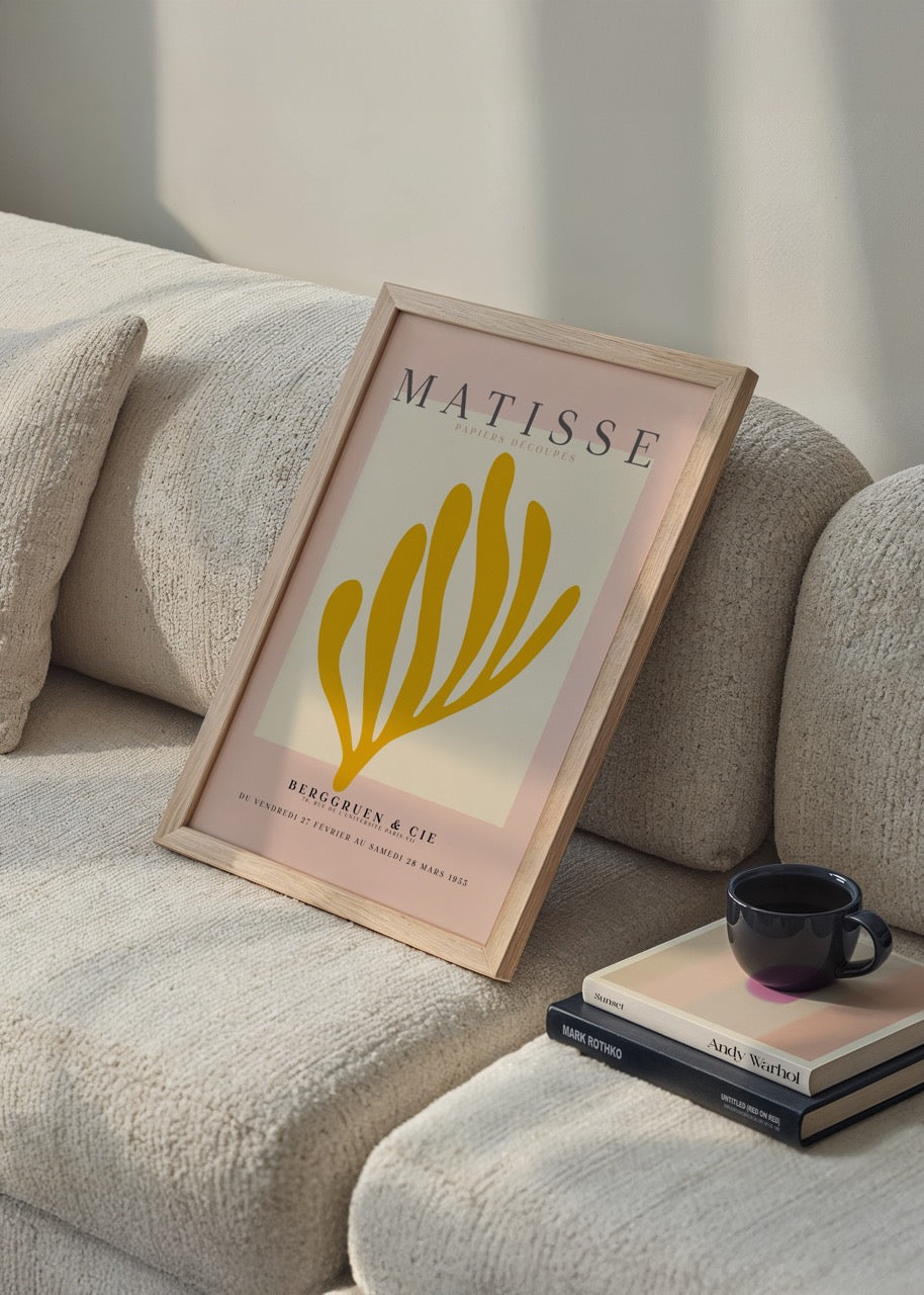 Golden Gestures art print featuring bold shapes on a pink background, ideal for modern interiors.