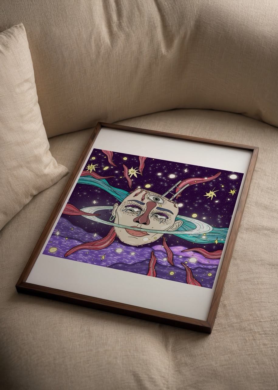 Saturn illustration print depicting a cosmic scene with vivid colours.