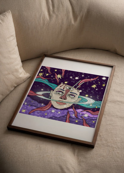 Saturn illustration print depicting a cosmic scene with vivid colours.