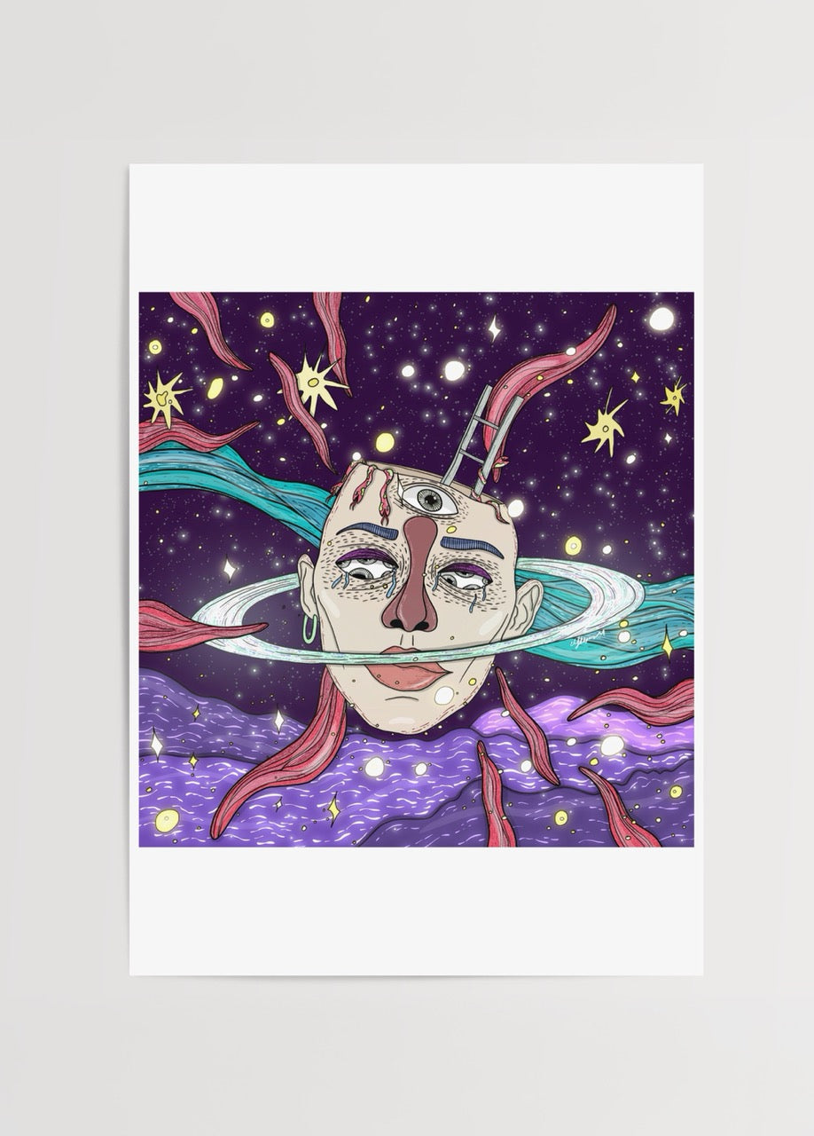 Saturn illustration print depicting a cosmic scene with vivid colours.