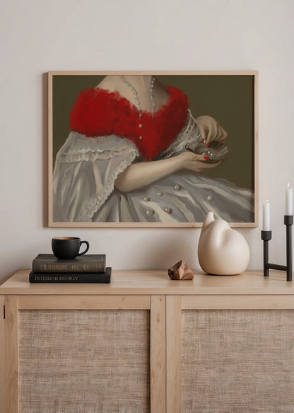 Illustrated poster print featuring a detailed figure with red accents and elegant attire.