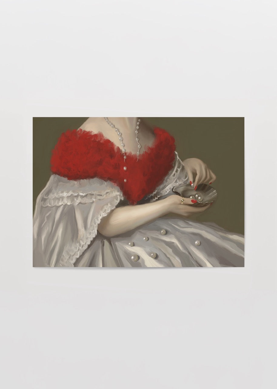 Illustrated poster print featuring a detailed figure with red accents and elegant attire.