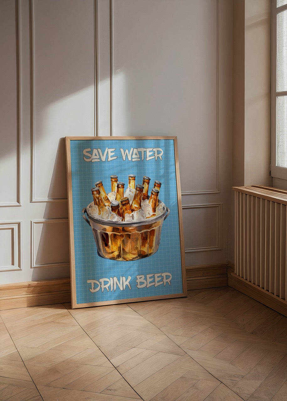 Vibrant poster print featuring beer bottles in ice with the text &